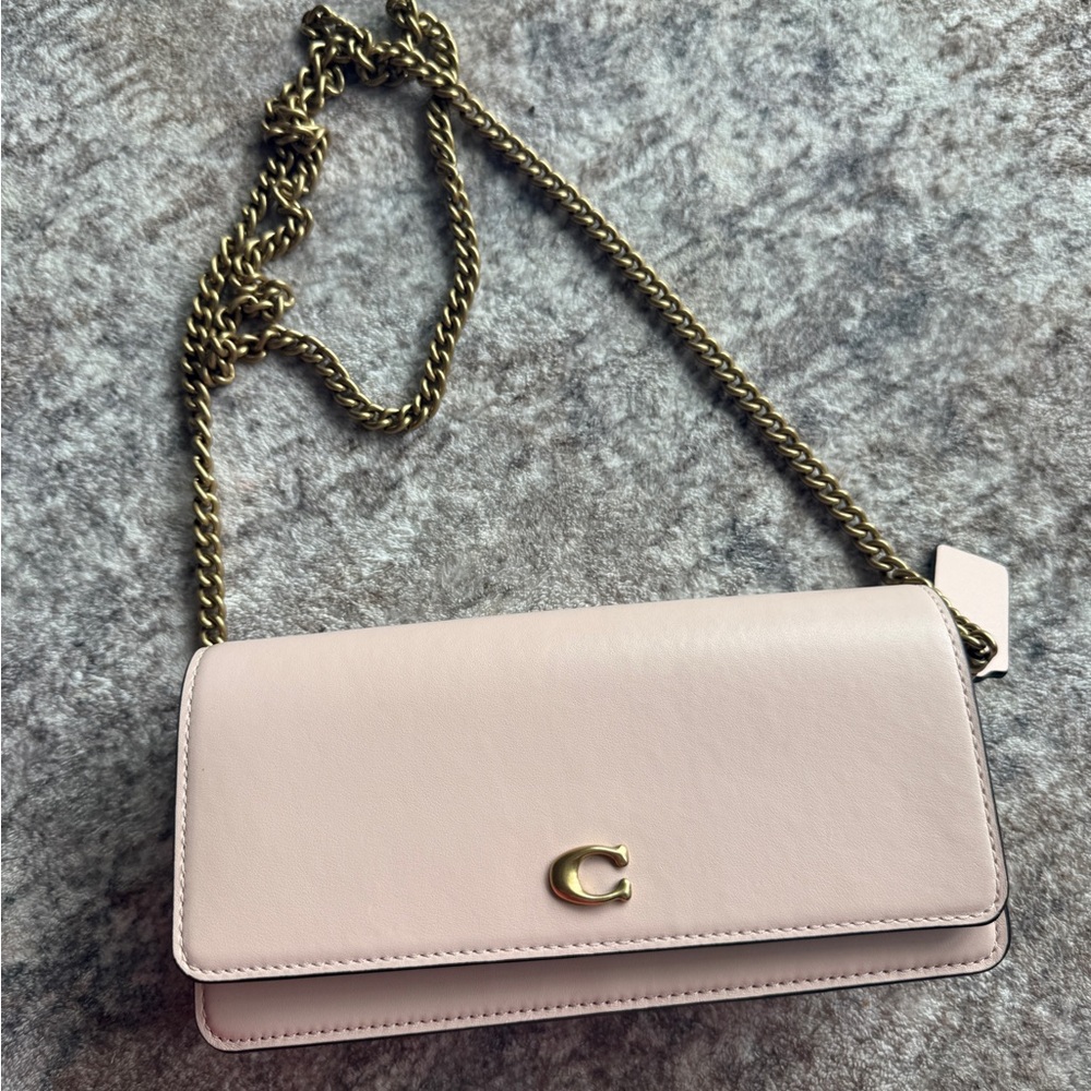 Coach Blush Pink Leather Crossbody Wallet with Gold Chain
